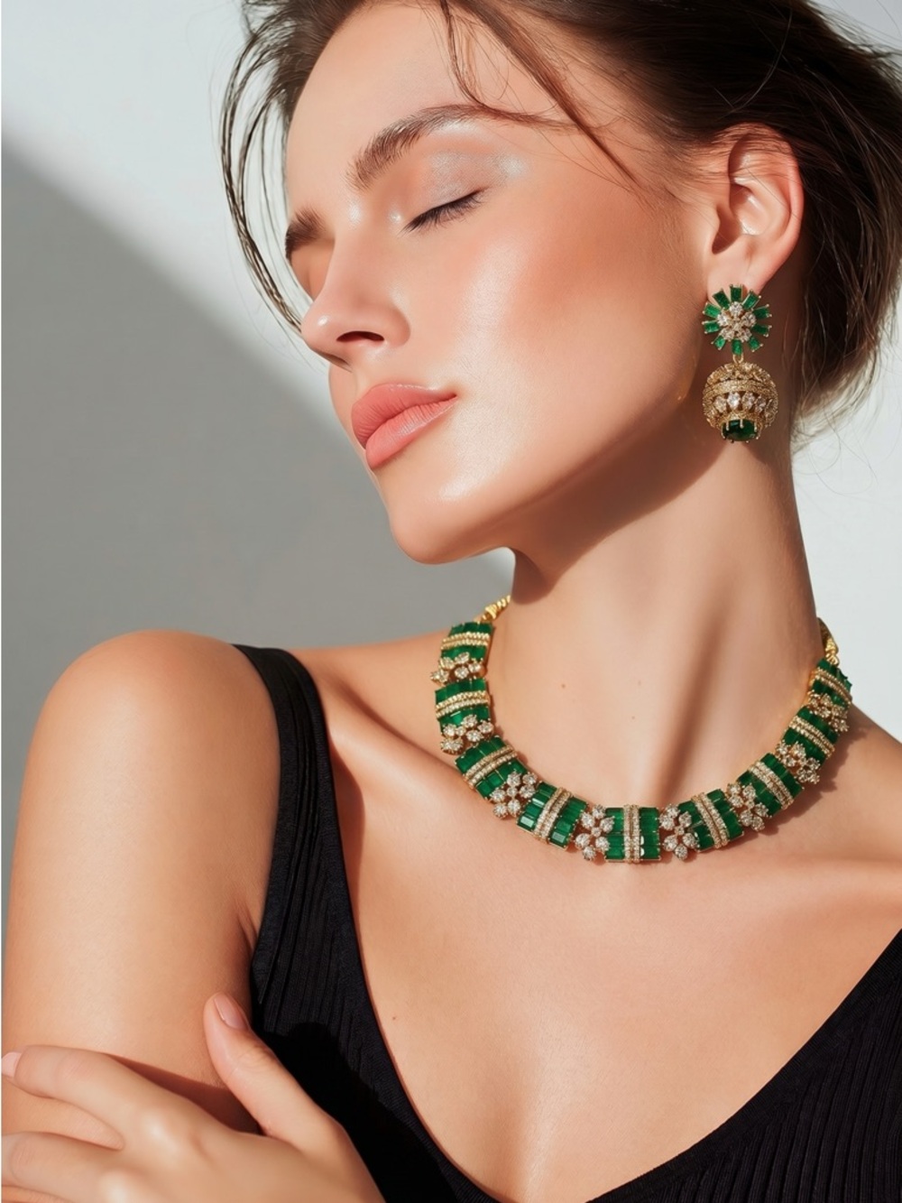 Green and Gold Statement Necklace and Earrings Set